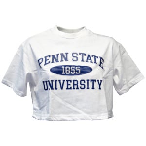 women's white short sleeve crop t-shirt Penn State University 1855 on front